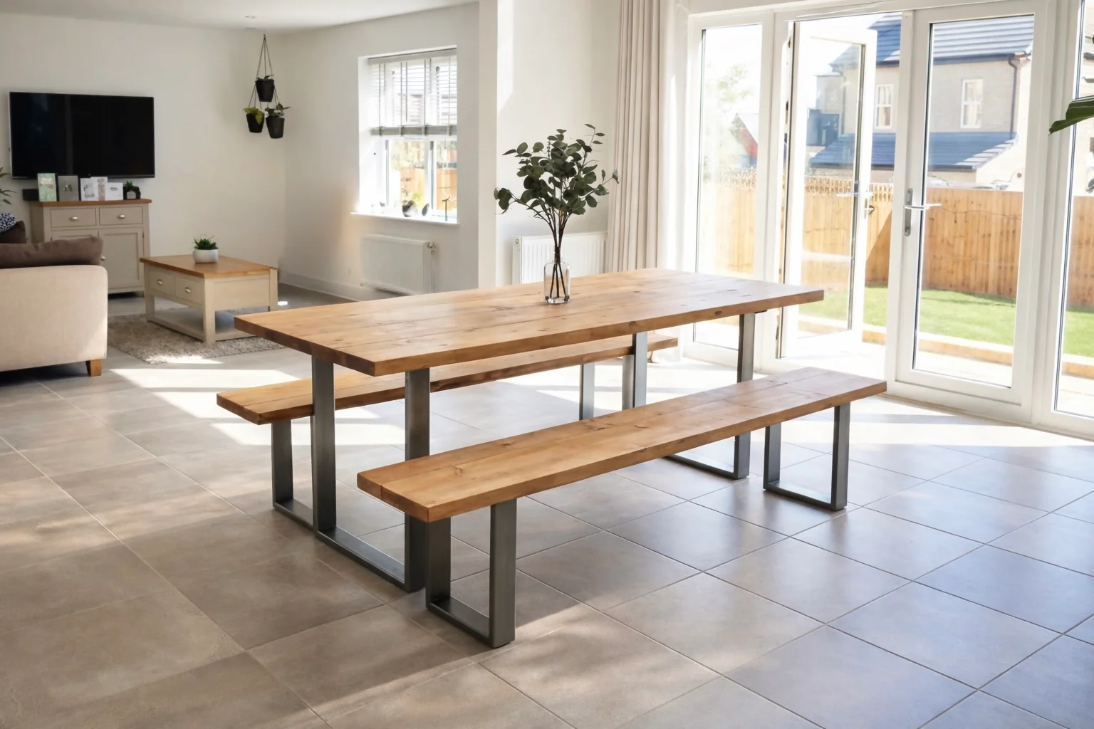Rustic Scaffold Board Dining Table & Bench Set on Square Steel Legs, Industrial Reclaimed Style - Image 11