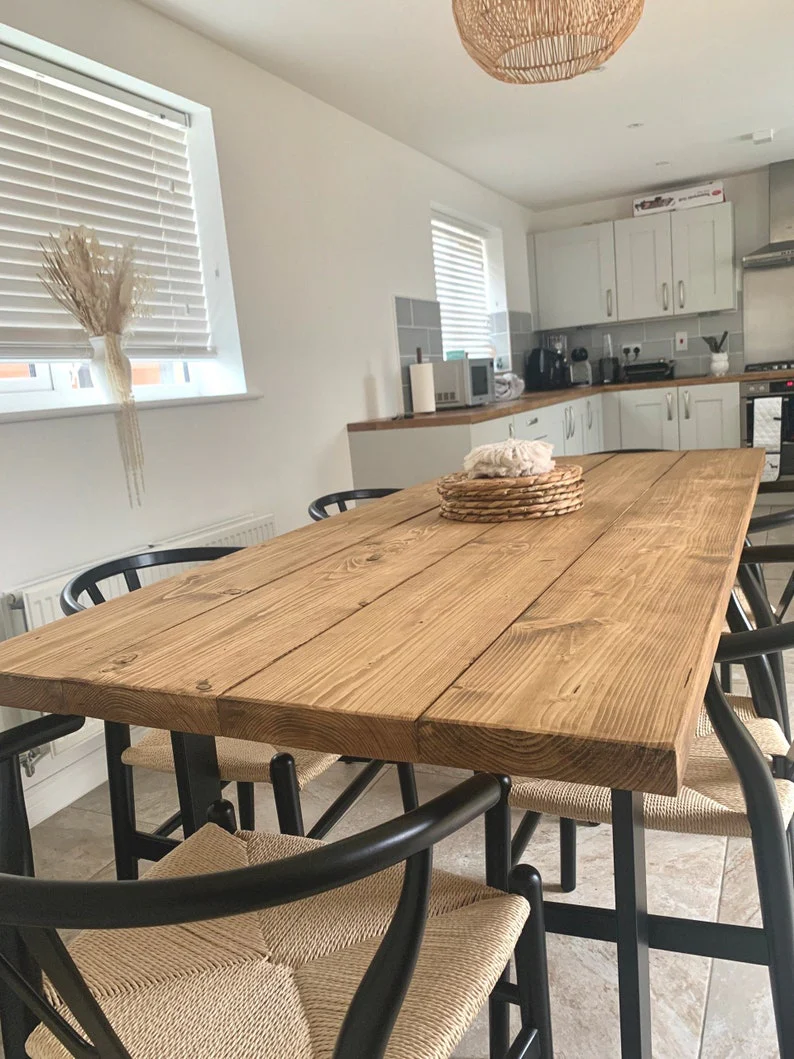 Rustic Scaffold Board Dining Table & Bench Set on Square Steel Legs, Industrial Reclaimed Style - Image 13