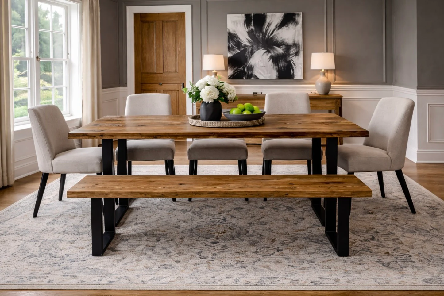 Rustic Scaffold Board Dining Table & Bench Set on Square Steel Legs, Industrial Reclaimed Style - Image 6