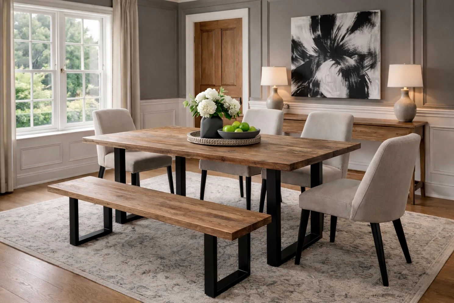 Rustic Scaffold Board Dining Table & Bench Set on Square Steel Legs, Industrial Reclaimed Style - Image 7
