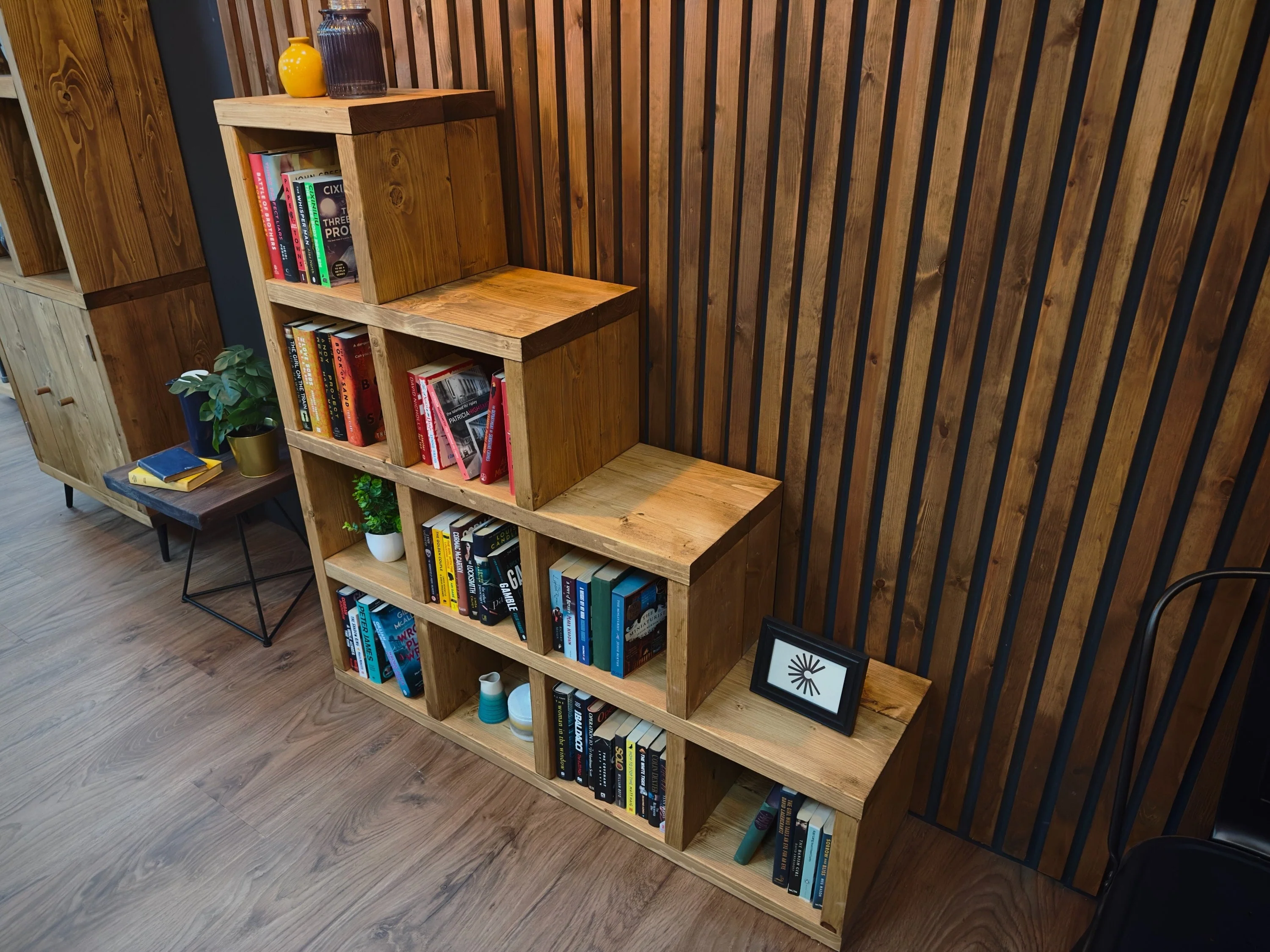 Rustic Step Bookcase | Shelving Unit | Reclaimed Style Solid Wooden Cube Bookshelves | Under Stairs Storage | Industrial Style Cabinet - Image 3