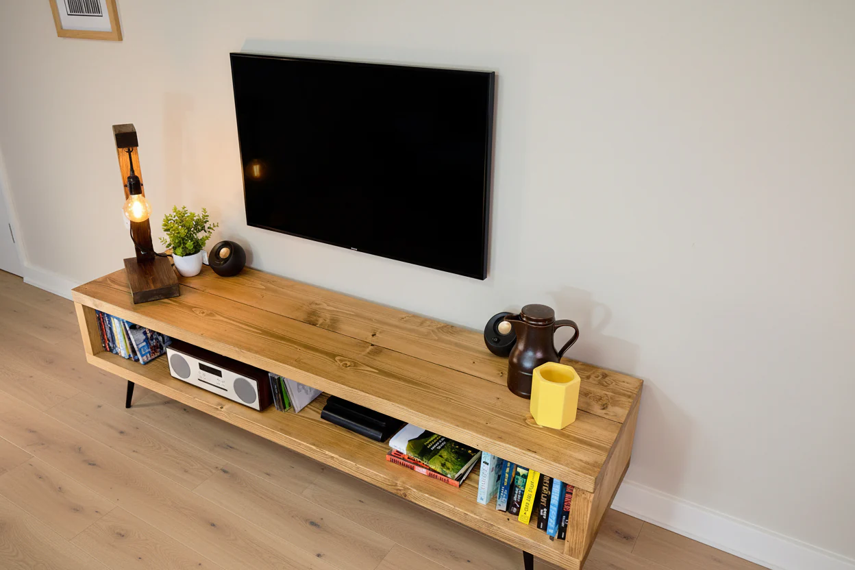 Rustic TV Stand | TV Unit | Media Cabinet on Mid Century Style Black Steel Tapered Legs - Image 10