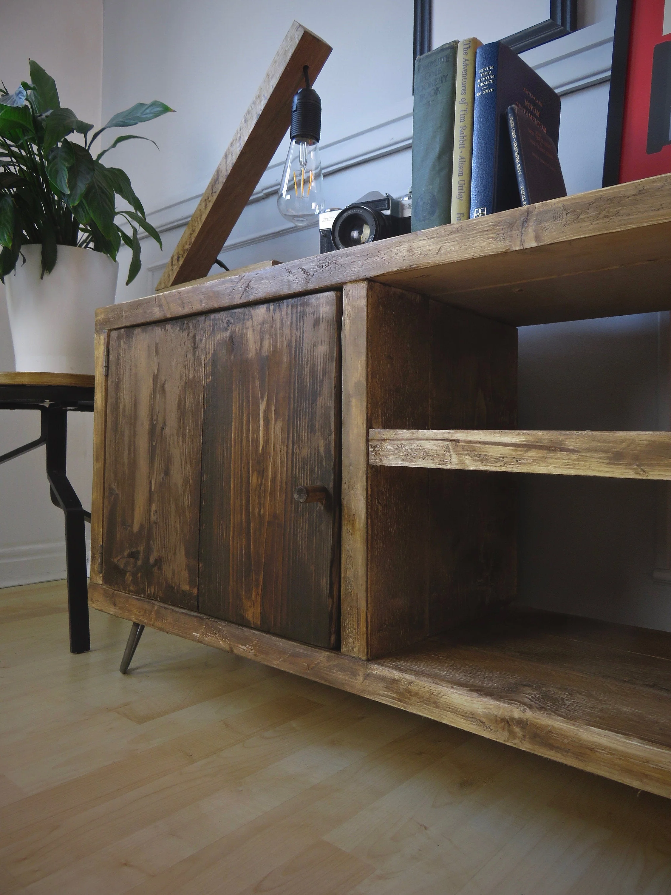 Rustic TV Unit on Hairpin Legs, Industrial Style Sideboard with Cupboard and Shelving - Image 7