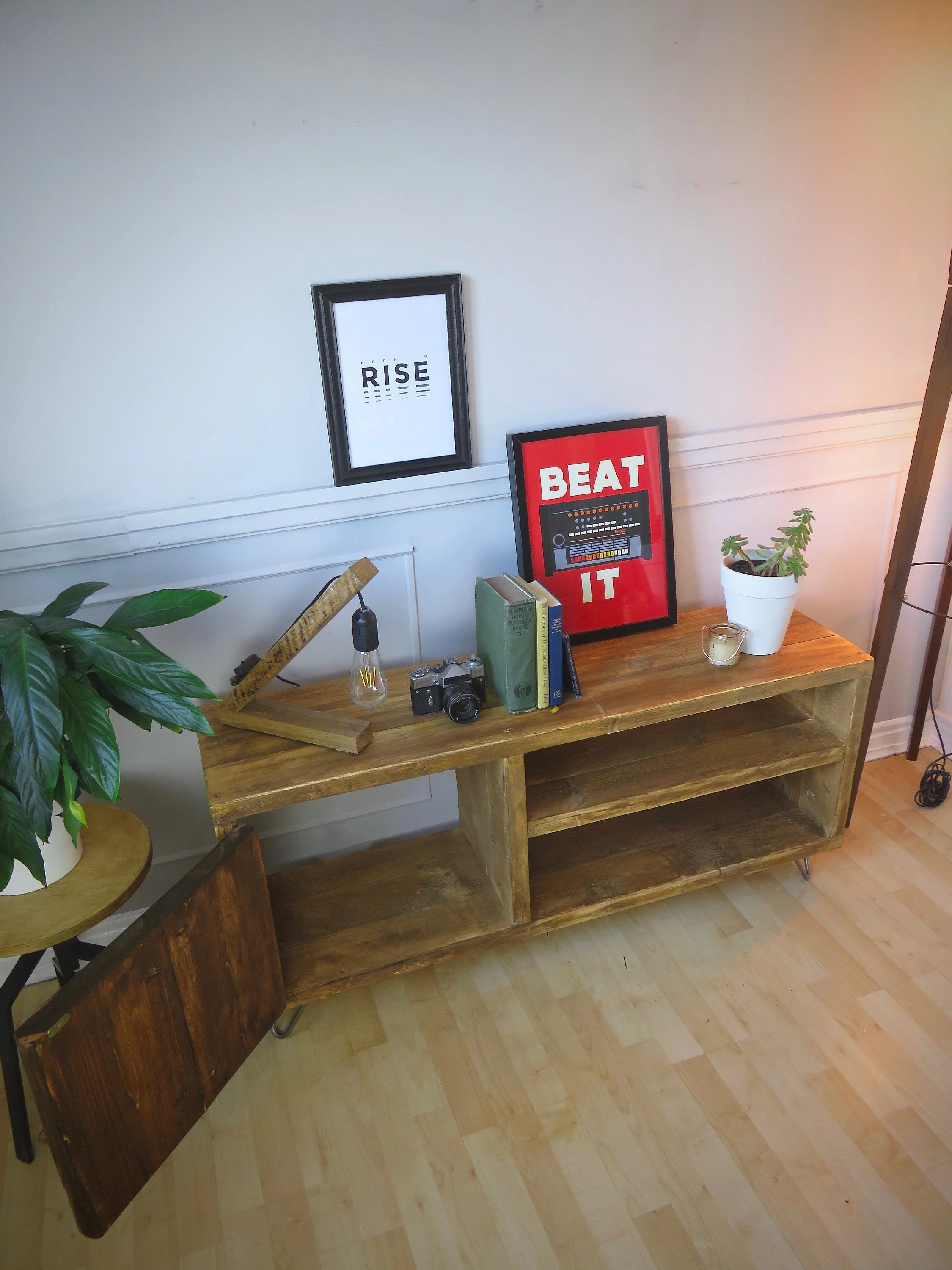 Rustic TV Unit on Hairpin Legs, Industrial Style Sideboard with Cupboard and Shelving - Image 8