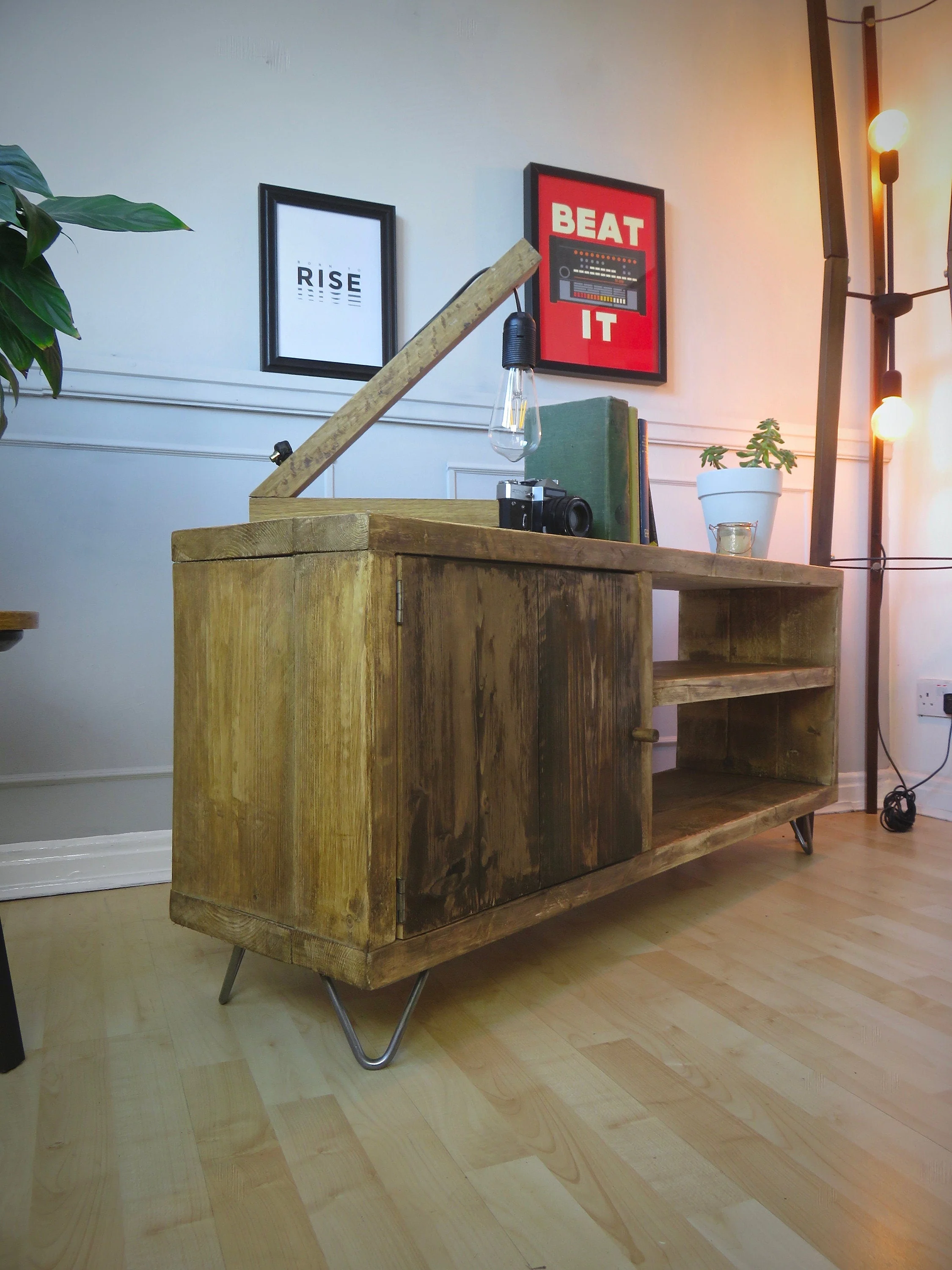 Rustic TV Unit on Hairpin Legs, Industrial Style Sideboard with Cupboard and Shelving - Image 9