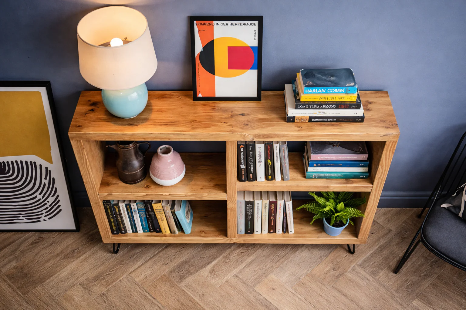 Rustic Wooden Bookcase Sideboard with Steel Hairpin Legs, Reclaimed, Industrial Style - Image 3