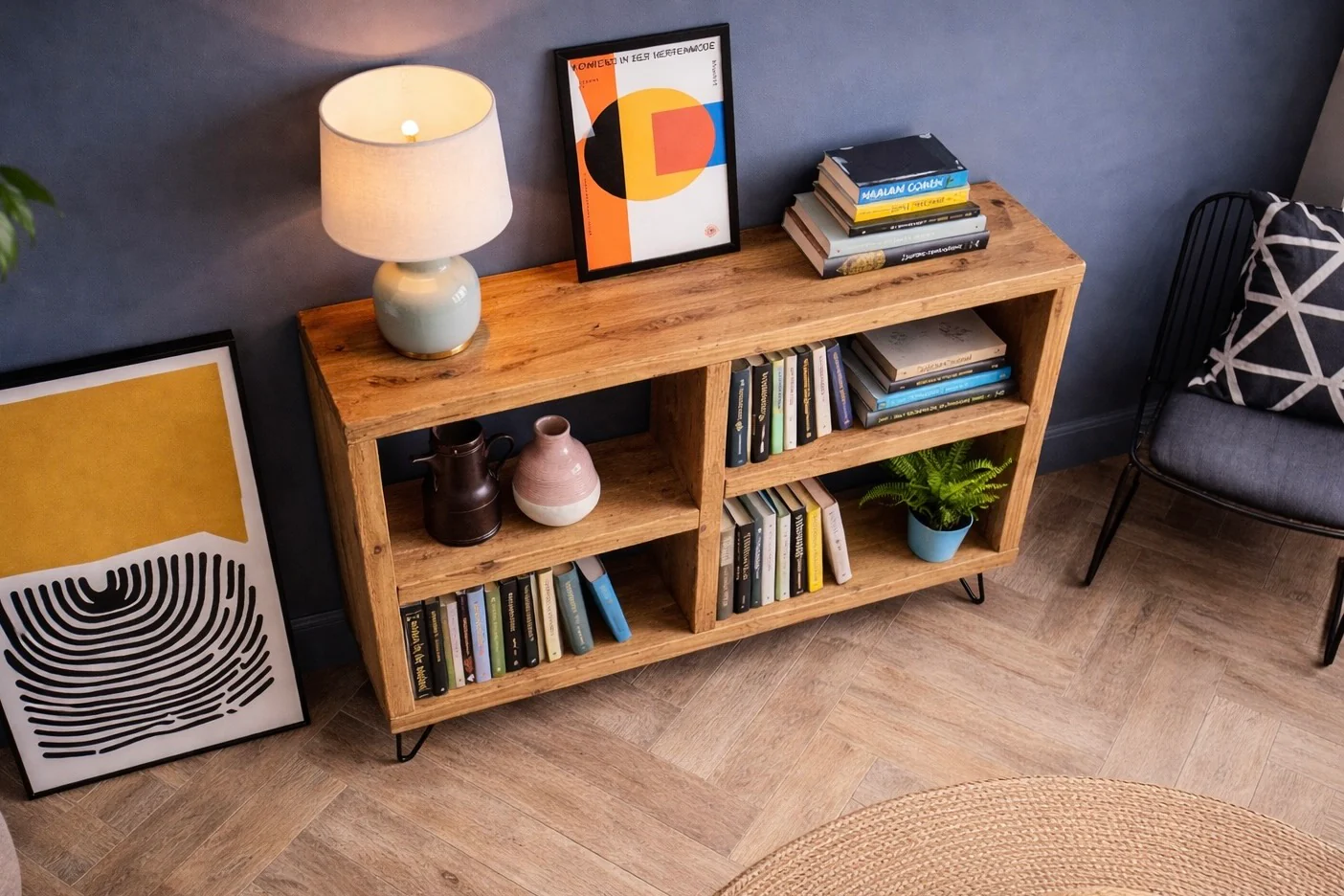 Rustic Wooden Bookcase Sideboard with Steel Hairpin Legs, Reclaimed, Industrial Style - Image 7
