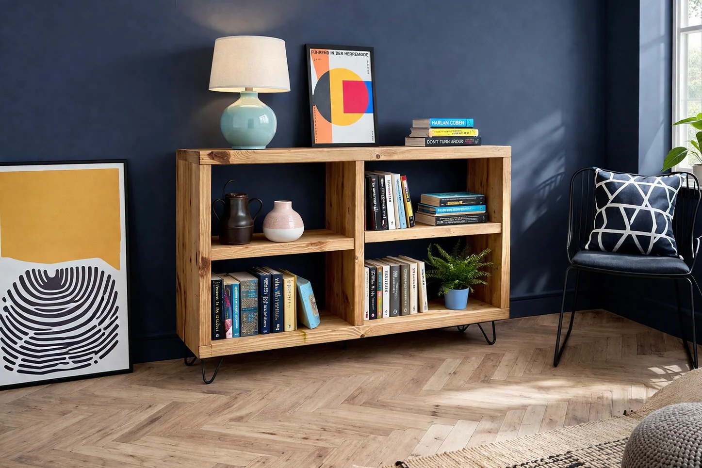 Rustic Wooden Bookcase Sideboard with Steel Hairpin Legs, Reclaimed, Industrial Style - Image 9