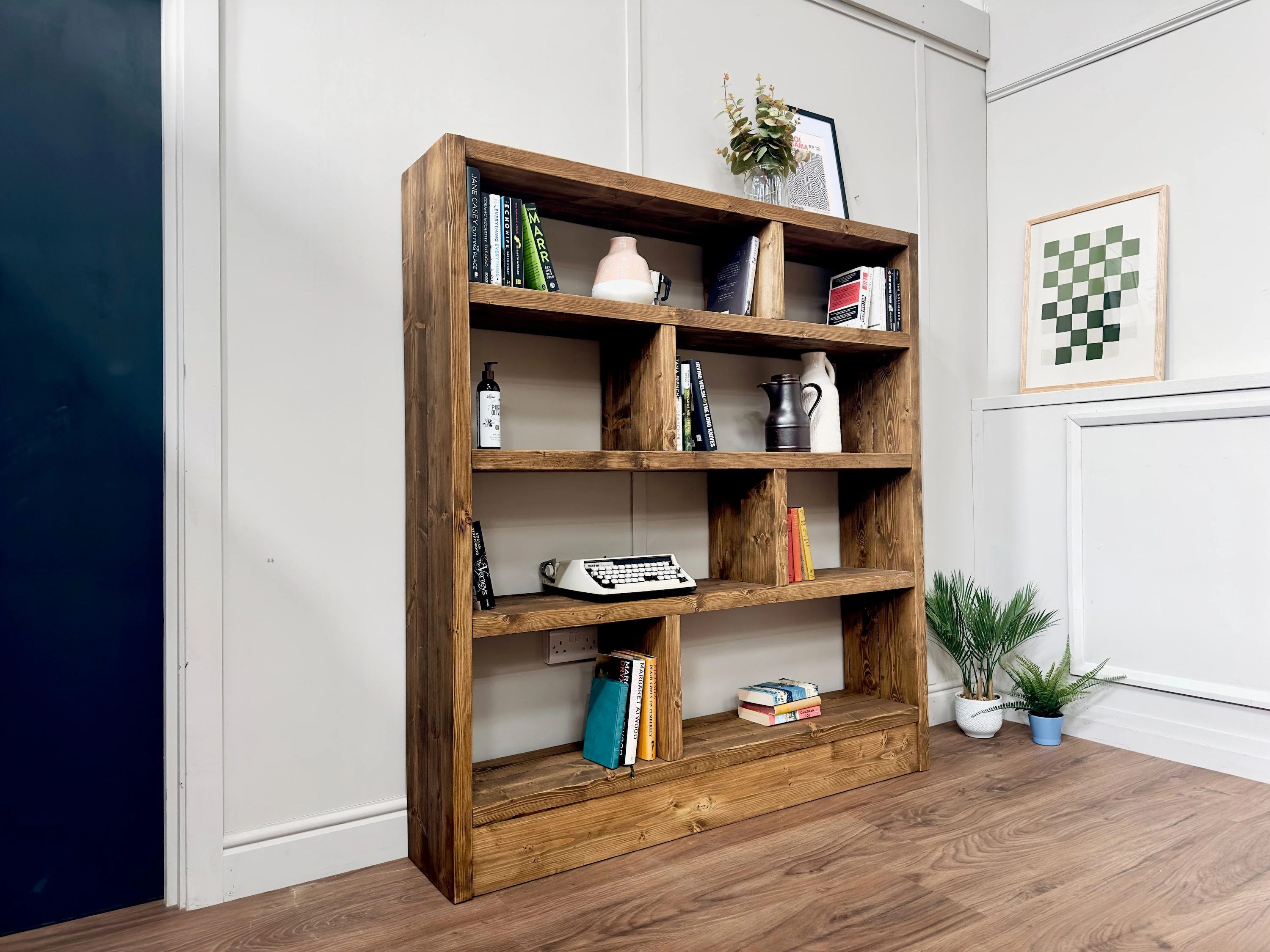 Rustic Wooden Bookcase | Solid Scaffold Timber Style | Industrial Wall Shelf Unit, Display Shelving, Living Room, Kitchen, Office - Image 3