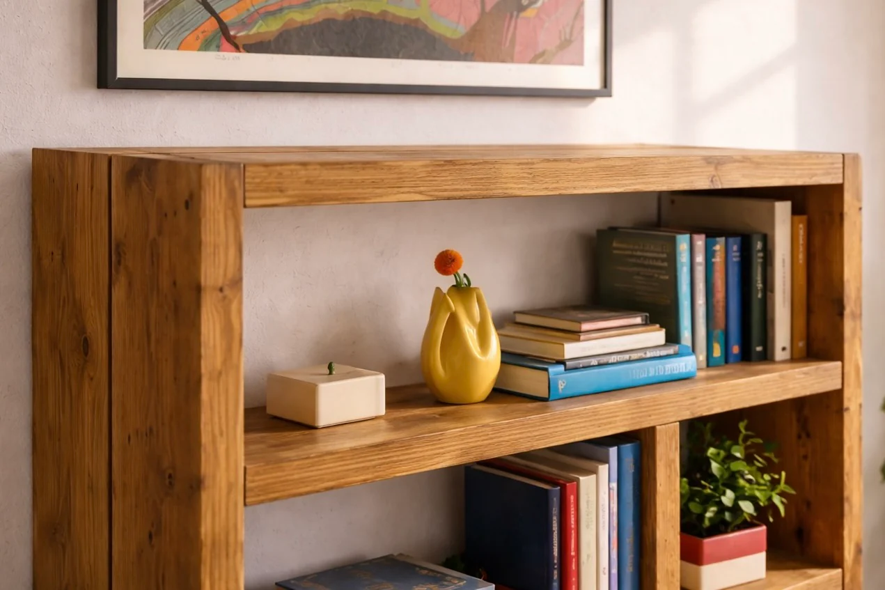 Rustic Wooden Bookcase | Solid Scaffold Timber Style | Industrial Wall Shelf Unit, Display Shelving, Living Room, Kitchen, Office - Image 4