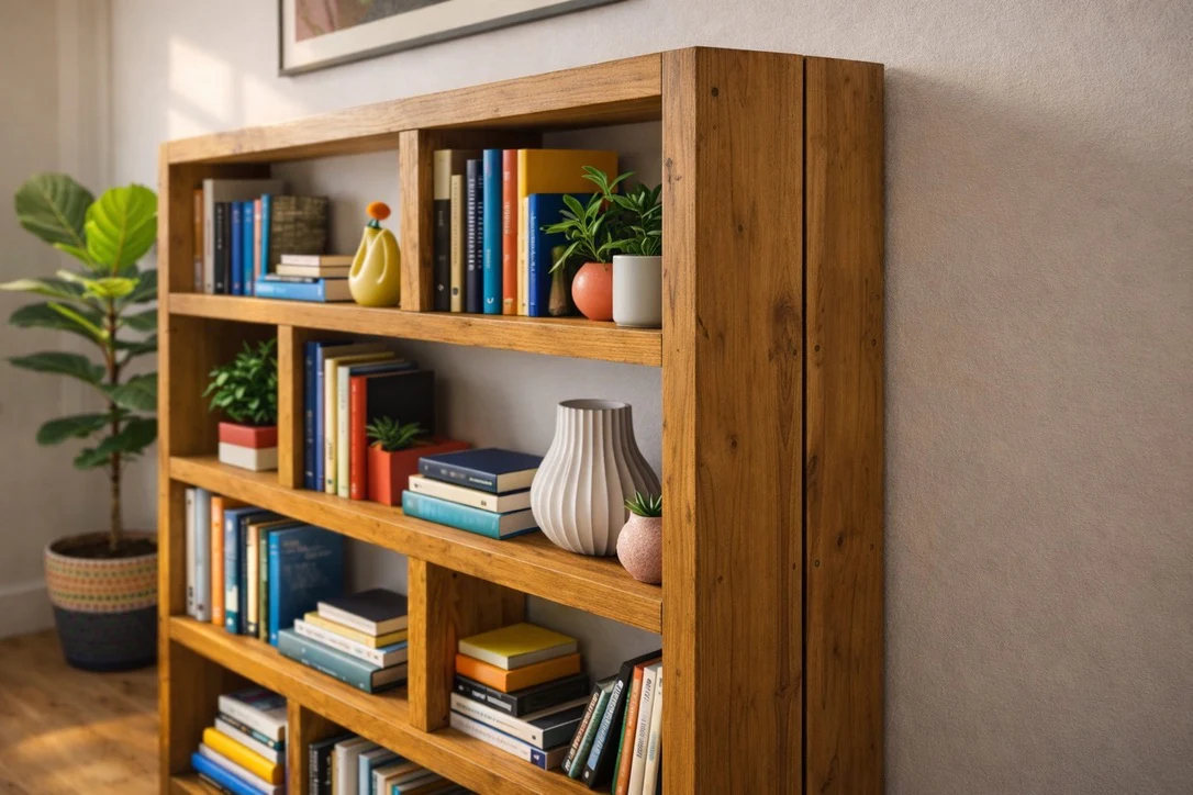 Rustic Wooden Bookcase | Solid Scaffold Timber Style | Industrial Wall Shelf Unit, Display Shelving, Living Room, Kitchen, Office - Image 7