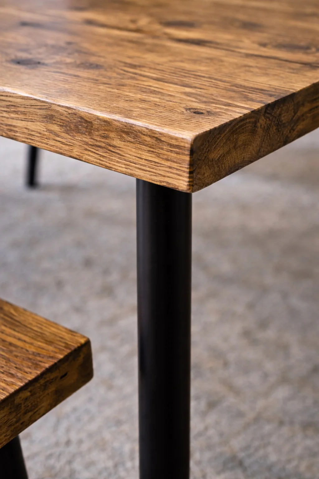 Rustic Dining Table & Bench Set on Black Steel Tube Round Pin Legs - Image 10