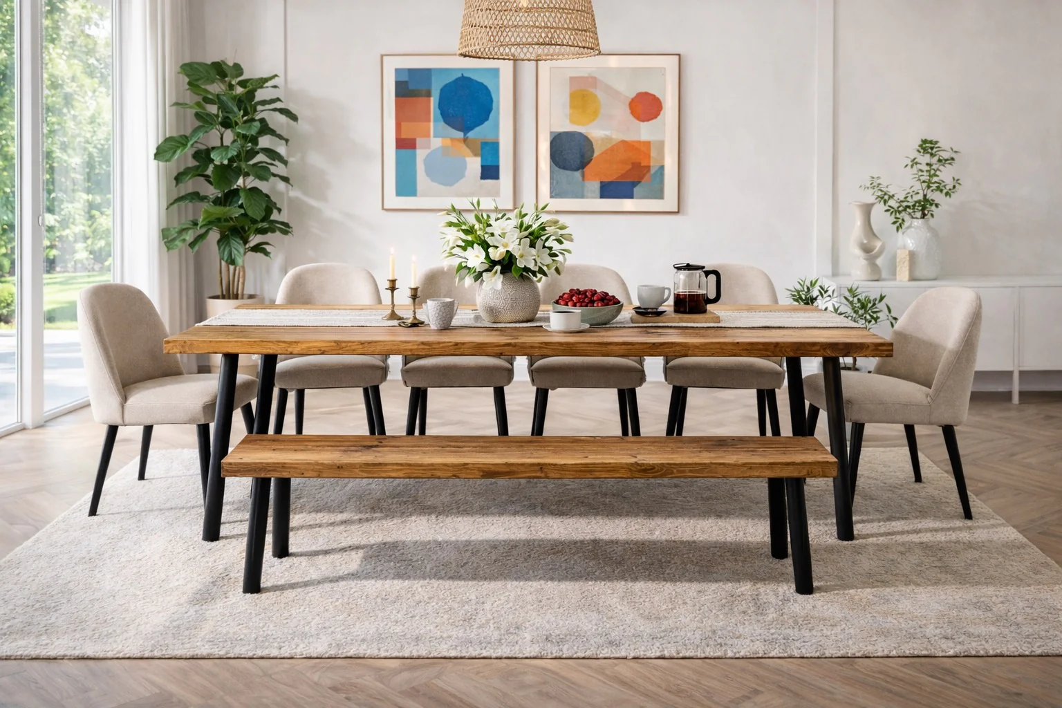 Rustic Dining Table & Bench Set on Black Steel Tube Round Pin Legs - Image 3