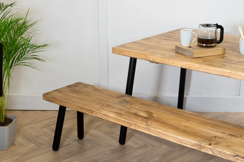 Rustic Dining Table & Bench Set on Black Steel Tube Round Pin Legs - Image 4