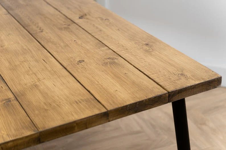 Rustic Dining Table & Bench Set on Black Steel Tube Round Pin Legs - Image 6
