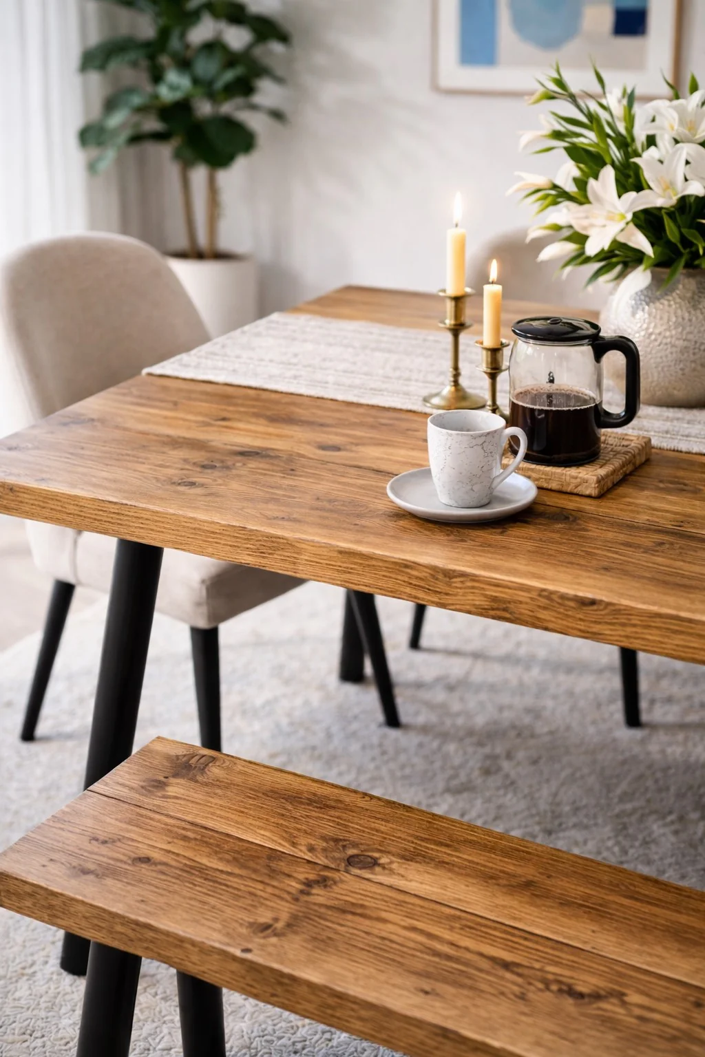Rustic Dining Table & Bench Set on Black Steel Tube Round Pin Legs - Image 7