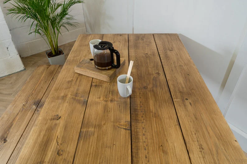 Rustic Dining Table & Bench Set on Black Steel Tube Round Pin Legs - Image 8