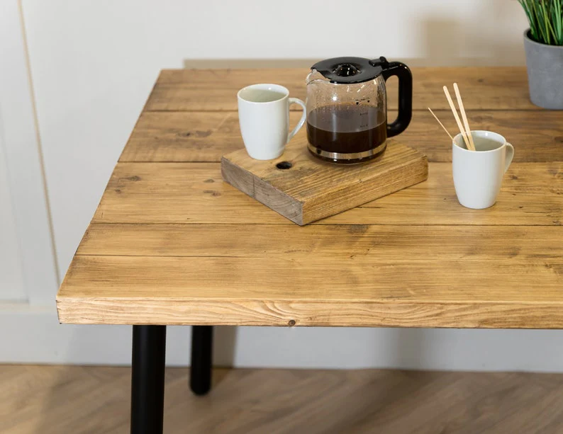 Rustic Dining Table & Bench Set on Black Steel Tube Round Pin Legs - Image 9
