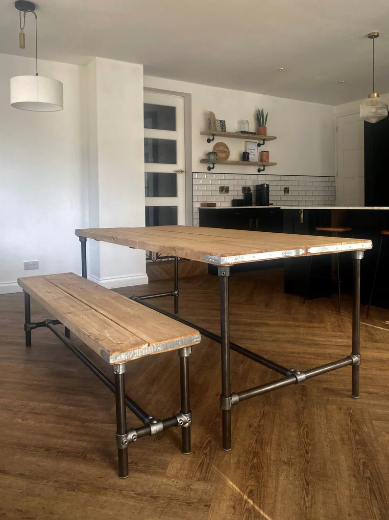 Scaffold Board Dining Table & Bench Set on Steel Tube Pipe Legs, Rustic, Industrial, Reclaimed Style - Image 4