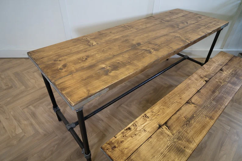 Scaffold Board Dining Table & Bench Set on Steel Tube Pipe Legs, Rustic, Industrial, Reclaimed Style - Image 5