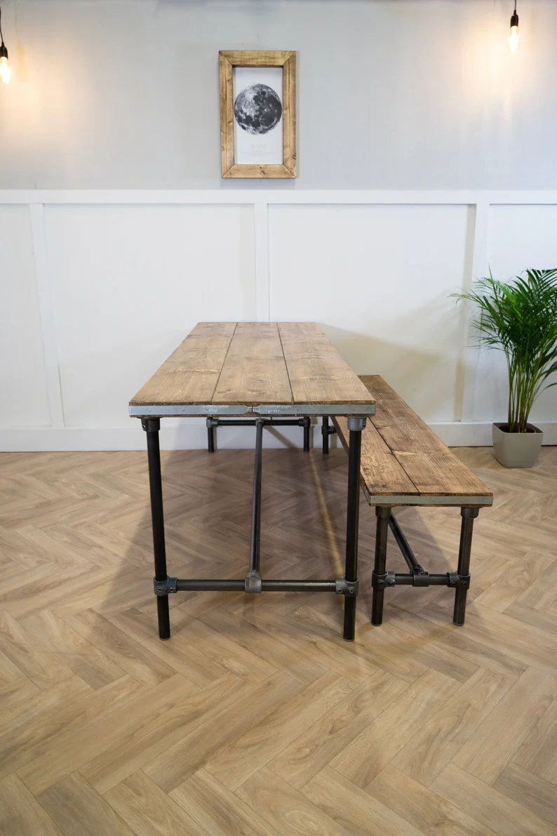 Scaffold Board Dining Table & Bench Set on Steel Tube Pipe Legs, Rustic, Industrial, Reclaimed Style - Image 9