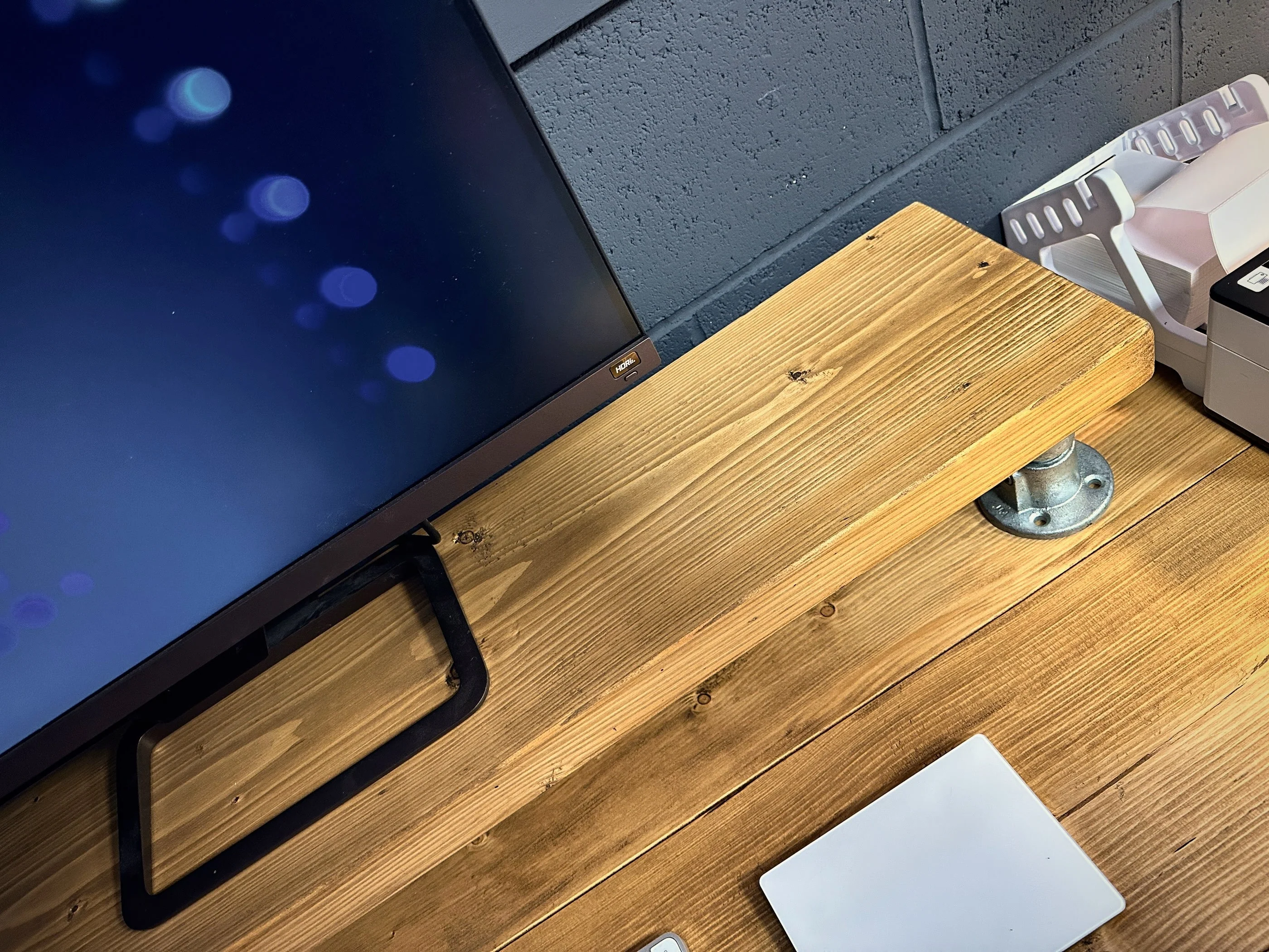 Scaffold Board MONITOR RISER on Steel Pipe Supports | Computer PC Stand Laptop Shelf | Desk Accessory | Rustic Reclaimed | Industrial Tube - Image 4