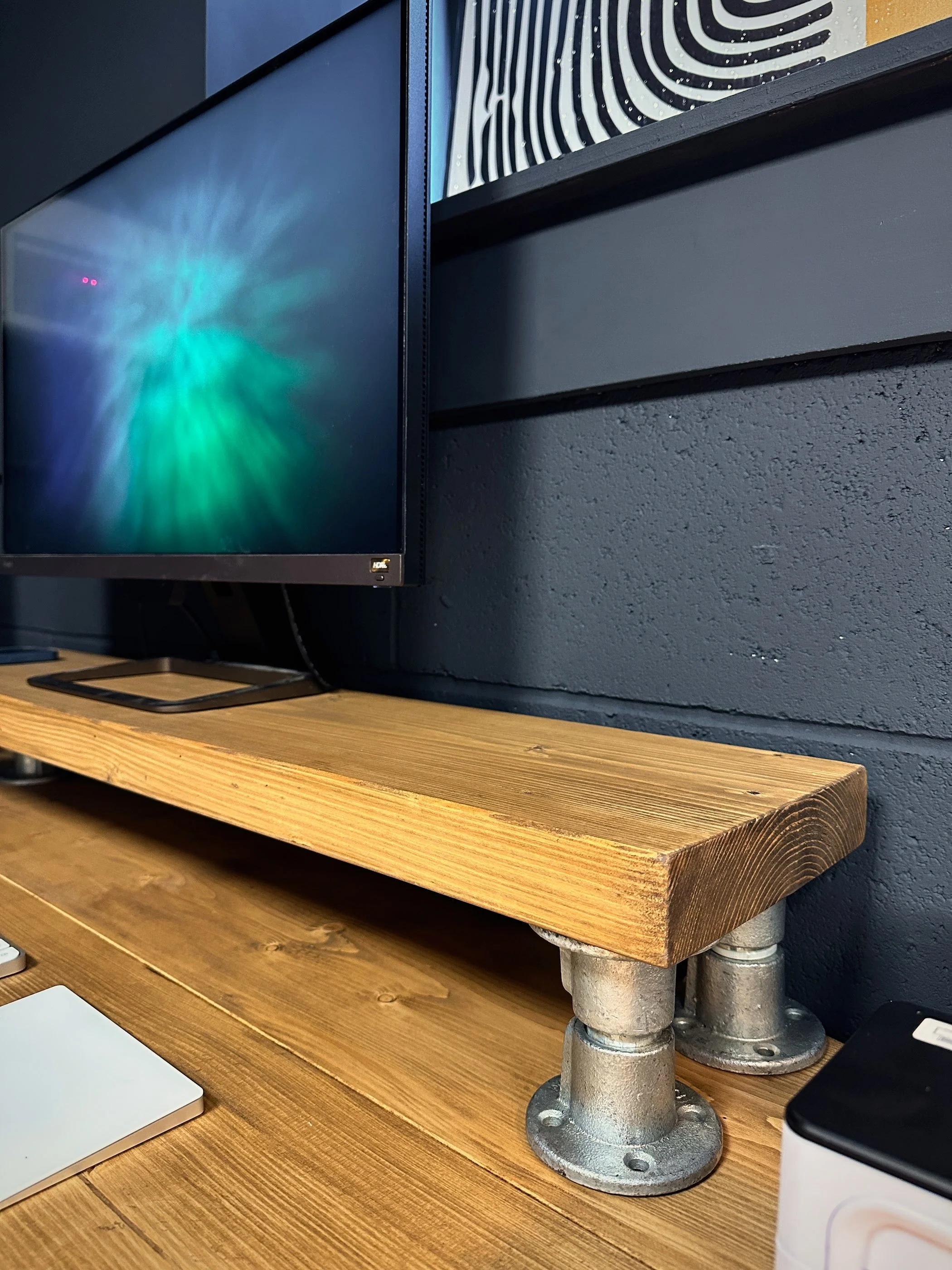 Scaffold Board MONITOR RISER on Steel Pipe Supports | Computer PC Stand Laptop Shelf | Desk Accessory | Rustic Reclaimed | Industrial Tube - Image 5