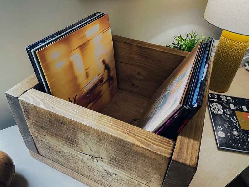 Scaffold Board Vinyl Crate | Solid Wooden LP 12" Record Storage Box | Holds 70-80 Records | Rustic Timber Industrial Reclaimed Scaffolding - Image 4