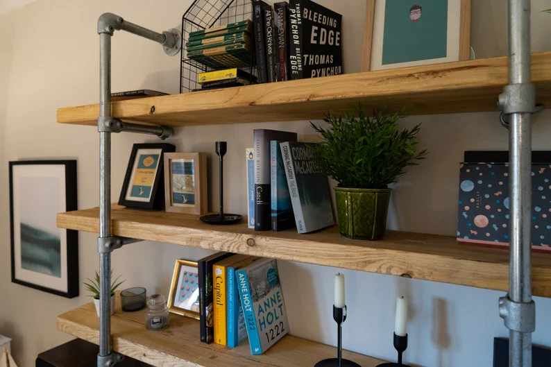 Scaffold Board Wall Shelf Unit, Bookcase, Bookshelves on Steel Tube Frame, Industrial, Rustic, Reclaimed Style - Image 3