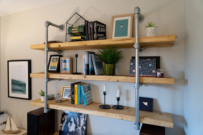 Scaffold Board Wall Shelf Unit, Bookcase, Bookshelves on Steel Tube Frame, Industrial, Rustic, Reclaimed Style - Image 4