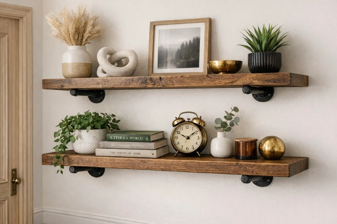 Rustic Wall Shelf with Steel Pipe Brackets. Solid Wood, Industrial Bookshelf