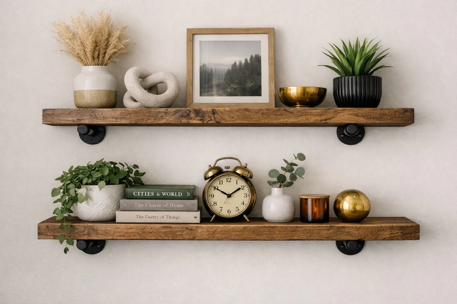 Rustic Wall Shelf with Steel Pipe Brackets. Solid Wood, Industrial Bookshelf - Image 2