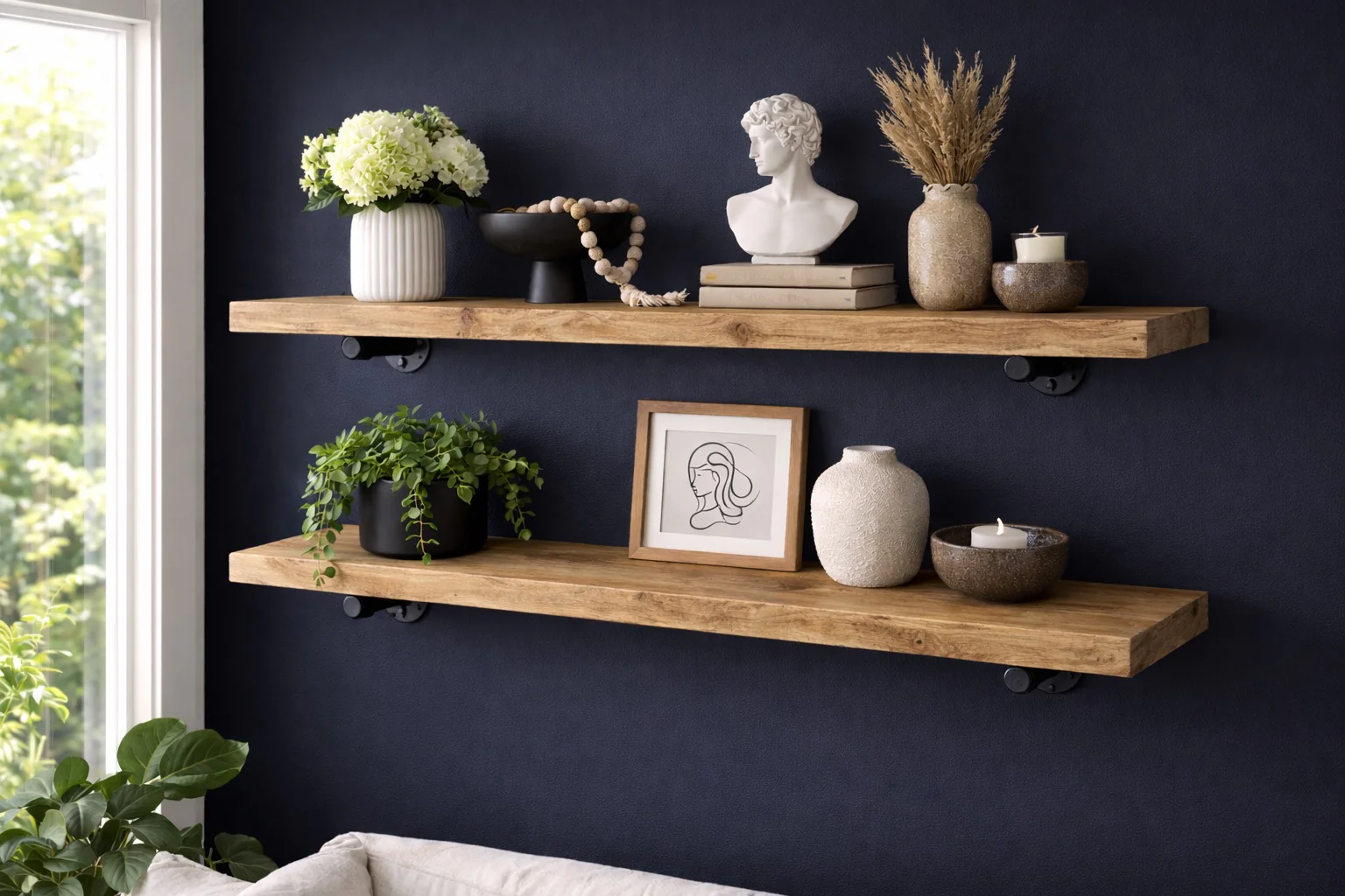 Rustic Wall Shelf with Steel Pipe Brackets. Solid Wood, Industrial Bookshelf - Image 3