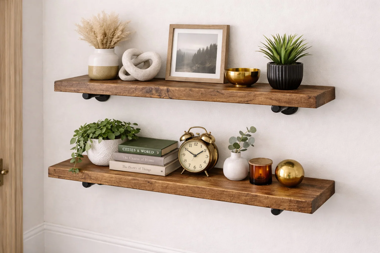 Rustic Wall Shelf with Steel Pipe Brackets. Solid Wood, Industrial Bookshelf - Image 7