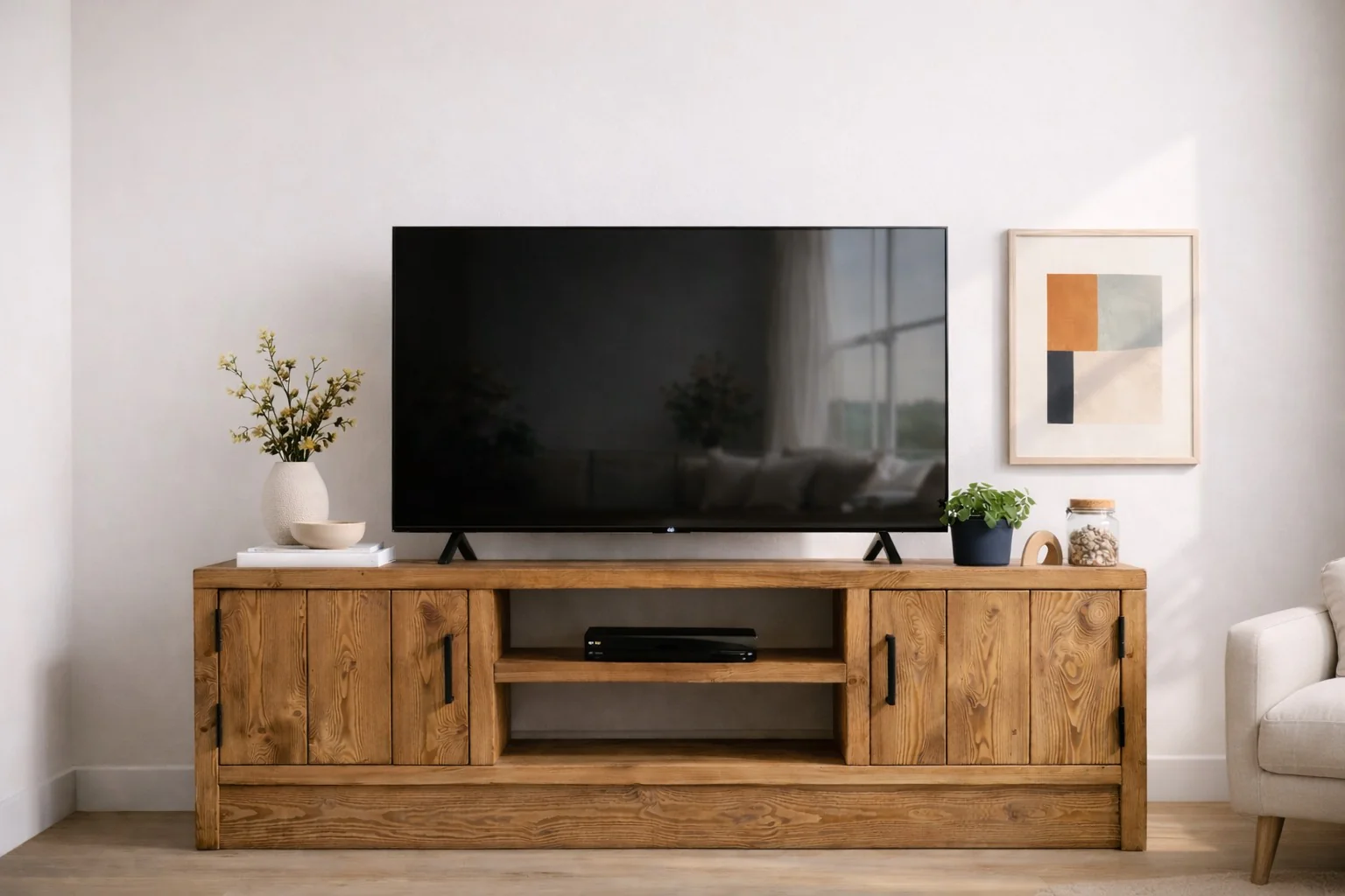 Solid Wood TV Stand Media Unit with Cupboard Storage – Rustic Industrial Handmade TV Cabinet