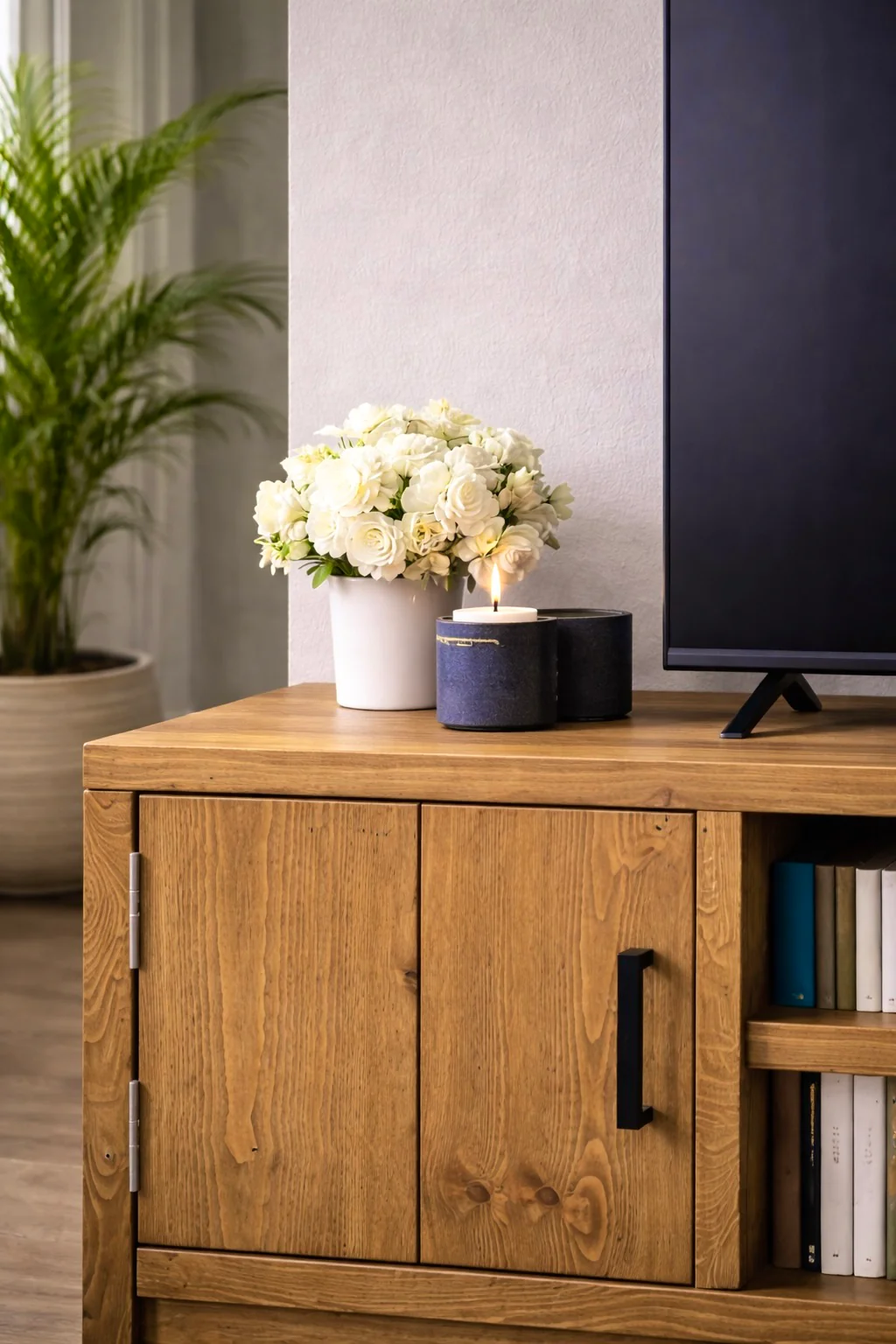 Solid Wood TV Stand Media Unit with Cupboard Storage – Rustic Industrial Handmade TV Cabinet - Image 2