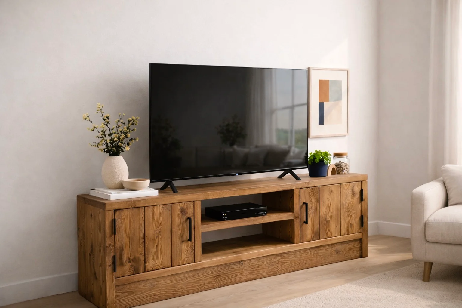 Solid Wood TV Stand Media Unit with Cupboard Storage – Rustic Industrial Handmade TV Cabinet - Image 3