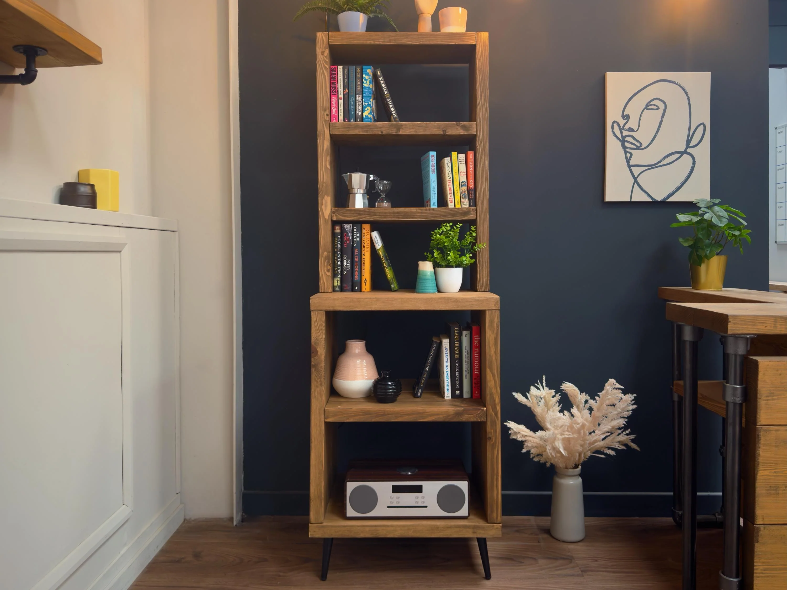 Split-Level Rustic Dresser, Bookcase | Tapered Legs | Industrial, Solid Wooden | Wall Shelving, Display Shelf Unit, Living Room, Kitchen