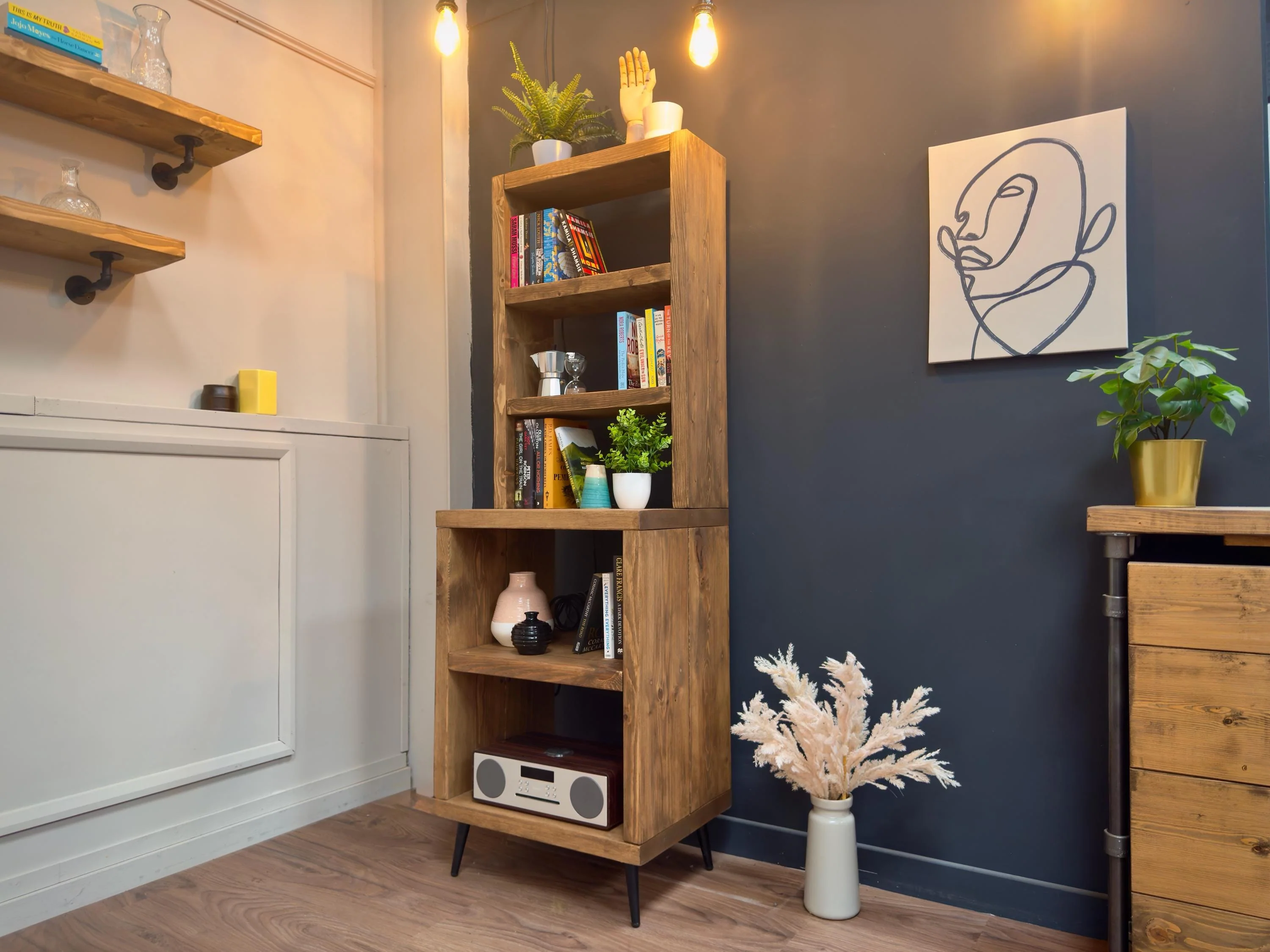 Split-Level Rustic Dresser, Bookcase | Tapered Legs | Industrial, Solid Wooden | Wall Shelving, Display Shelf Unit, Living Room, Kitchen - Image 2