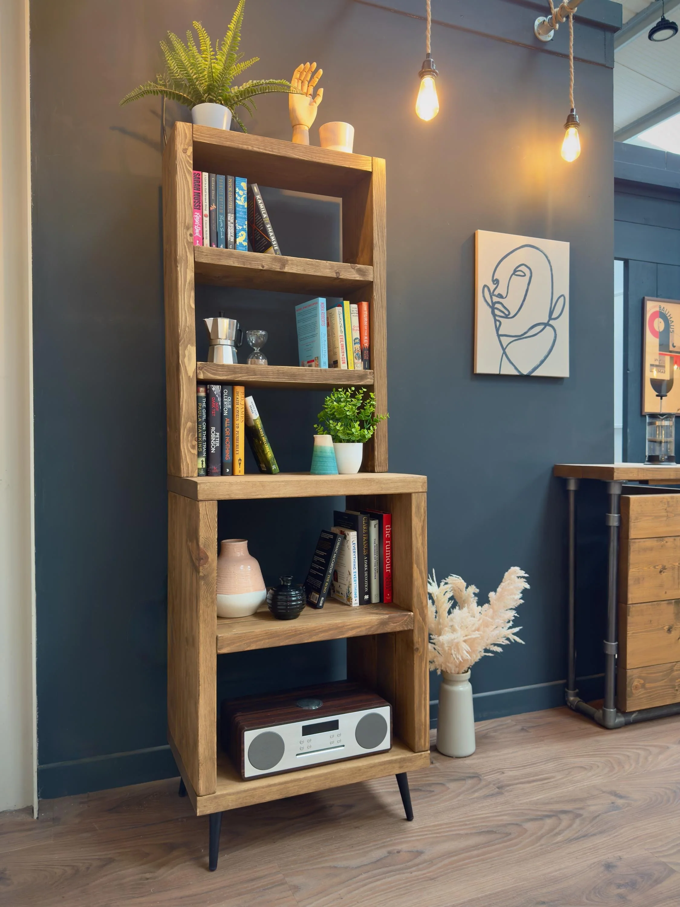 Split-Level Rustic Dresser, Bookcase | Tapered Legs | Industrial, Solid Wooden | Wall Shelving, Display Shelf Unit, Living Room, Kitchen - Image 3